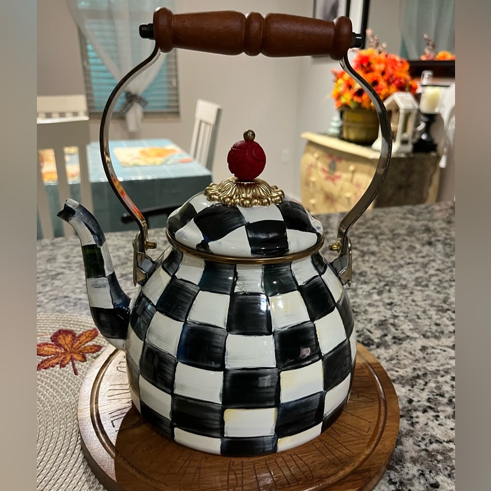 Mackenzie Childs Courtly Check Enamel Tea Kettle - 2 Quart -New